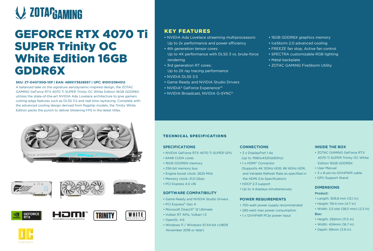 A large marketing image providing additional information about the product ZOTAC GAMING Geforce RTX 4070 Ti SUPER Trinity OC White 16GB GDDR6X - Additional alt info not provided
